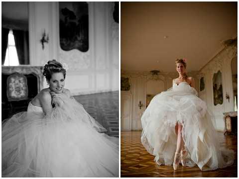 A two-image composite featuring bridal portraits taken inside an ornate classical French chateau room with decorative boiserie wall panels and an elaborate fireplace. The left image is black-and-white, showing the bride seated and leaning forward with her chin resting on her hands, wearing a strapless layered tulle ballgown; the high contrast emphasizes the voluminous skirt and her upswept hairstyle. The right color image shows the same bride standing and lifting the front of her white ruffled, high-low layered tulle ballgown, revealing pointe ballet shoes, while wearing a floral hair accessory; the warm interior lighting highlights the parquet wood floor and gilded wall detailing. Both are wide portrait shots that incorporate the ornate architectural interior as a prominent backdrop.