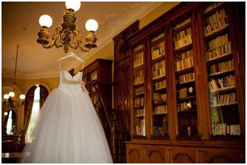 A wide-angle detail shot of a white ballgown-style wedding dress hanging from an ornate gilt chandelier in what appears to be a chateau library or study. The dress features a strapless sweetheart bodice with a full tulle skirt. Behind it, a large dark mahogany bookcase with glass doors spans the wall, filled with rows of old books, contributing to a classic, literary interior setting. The warm ambient lighting from the chandelier gives the room a golden tone. Potential venue feature image.