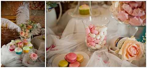Close-up detail shot of a dessert or candy table display, shown as a diptych. The left panel features a small floral arrangement of peach and pink roses with a white feather accent, surrounded by pastel-frosted cupcakes in yellow, green, and pink, and several French macarons in yellow and pink, all arranged on draped white tulle. The right panel shows glass vessels filled with pink and white sugar-coated almonds (dragées) and pink rock candy or sugar clusters, alongside additional macarons in yellow and pink, a peach rose, and scattered pearl-like decorations on white tulle. The overall color palette is soft pastel — blush, peach, mint, and yellow — suggesting a vintage or romantic styling theme. The table linens and tulle drapery contribute to the decorative presentation.
