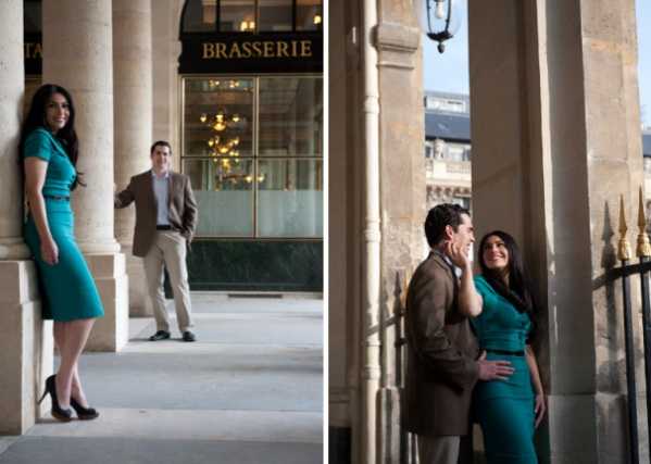 A two-image engagement or pre-wedding portrait session set beneath a classical colonnaded arcade in Paris, likely the Palais-Royal, with a brasserie storefront visible in the background of the left panel. The couple consists of a woman wearing a fitted teal dress with heels and a man in a brown blazer with khaki trousers. In the left image, the woman poses leaning against a stone column while the man stands casually in the background near the brasserie entrance, creating a playful, candid-style wide shot. The right image is a closer portrait of the couple laughing and embracing between the columns, with warm natural light streaming through the arches, highlighting a relaxed and modern styling approach.