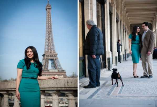A two-panel engagement or pre-wedding portrait session in Paris. In the left panel, a woman with long dark hair wearing a teal fitted dress with a thin belt poses in front of the Eiffel Tower, leaning against a stone balustrade — a close-up portrait shot. In the right panel, the same woman in the teal dress stands facing a man in a beige blazer and dark trousers under a classical arched colonnade, likely the Palais-Royal or a similar Haussmann-era arcade; a small black dog stands between them, and an older man in a dark puffer jacket is visible in the foreground — a candid-style wide shot. The styling is modern and polished, with the teal dress as a deliberate color choice throughout both images.