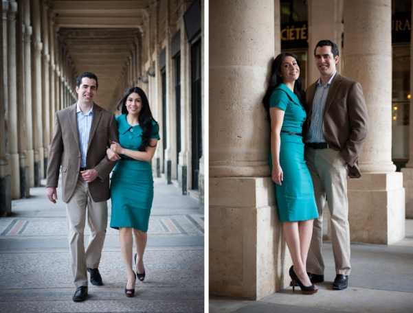 A two-image composite showing a couple during what appears to be an engagement or pre-wedding portrait session at a Parisian arcade, likely the Palais-Royal colonnade. The woman wears a fitted teal cap-sleeve dress with heels, and the man wears khaki trousers with a brown blazer over a striped shirt. In the left image, the couple walks arm-in-arm through the colonnaded arcade in a mid-shot walking pose; in the right image, they lean against one of the stone columns in a relaxed portrait pose, with a storefront sign partially visible in the background. The styling is classic and polished, with a coordinated teal and tan color palette. Both shots are taken at ground level with natural daylight filtering through the arcade.