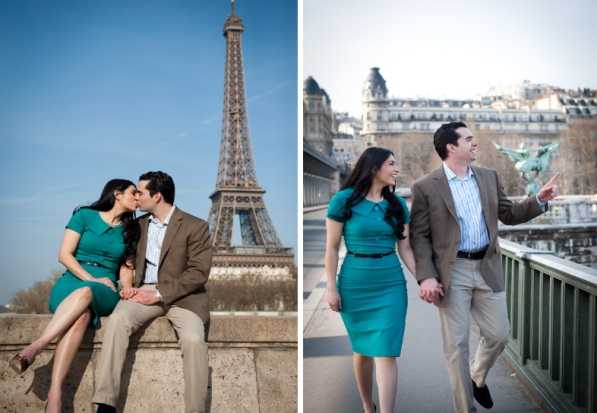 A side-by-side engagement or pre-wedding portrait session in Paris, featuring a couple photographed at two iconic locations. On the left, the couple sits closely on a stone ledge sharing a kiss, with the Eiffel Tower visible in the background; the woman wears a fitted teal dress with a black belt, and the man wears a tan blazer with khaki trousers. On the right, the same couple walks hand-in-hand on a Paris bridge, laughing and gesturing, with Haussmann-style buildings visible in the background. Both images are outdoor portrait shots in natural daylight, with a casual and relaxed styling approach.