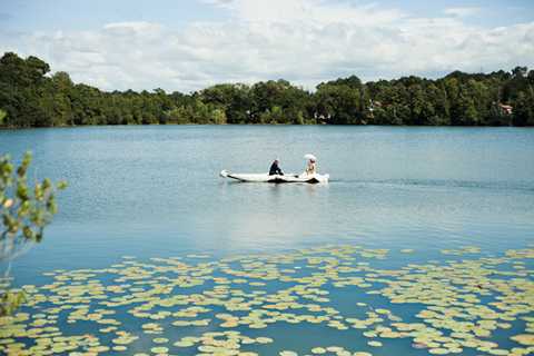 A couple, appearing to be a bride in a white dress and groom in dark attire, row a small white boat across a calm lake dotted with lily pads in the foreground. The shot is a wide landscape composition that places the boat at mid-distance, emphasizing the expansive water and treeline backdrop. The image captures what appears to be a romantic portrait session or post-ceremony moment on the lake. Potential venue feature image.
