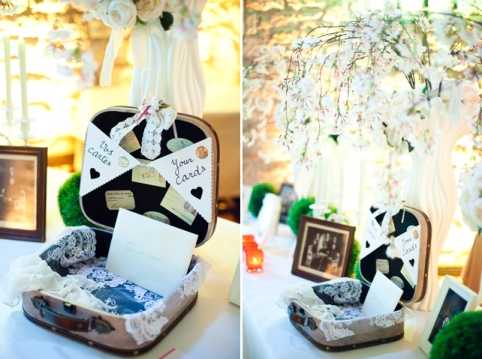Close-up detail shots of a wedding card collection display using a vintage-style small suitcase, shown from two angles. The open suitcase is lined with white lace fabric and contains wedding cards and envelopes; the lid is decorated with black-and-white ribbon bows and handwritten tags reading 'Your Cards.' The display sits on a white linen-covered table alongside moss-covered spheres, framed photographs, and a small orange candle. In the background, a tall white floral arrangement featuring white cherry blossom branches and cream roses on a white draped stand is visible. The overall styling is vintage-romantic with a travel theme, incorporating lace, cream, and black accents.