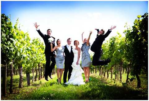 A bridal party group shot taken outdoors in a vineyard, with rows of green grapevines extending into the background. Six people are captured mid-jump with arms raised: the bride in a white ball gown, the groom in a black tuxedo with white boutonniere, two bridesmaids in silver-grey knee-length dresses, and two groomsmen in black suits. The mood is celebratory and energetic, with everyone smiling and airborne simultaneously. The image is a wide shot taken at ground level, emphasizing the jump height against the open sky and vineyard rows.