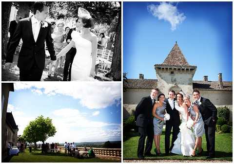A collage of three wedding photographs from what appears to be a French chateau venue. Top left (black and white): A close-up portrait of the bride and groom walking together and smiling, with guests visible in the background; the bride wears a fitted white strapless gown and the groom a dark suit with a white boutonniere. Bottom left: A wide shot of a terrace or garden area with a group of approximately 15-20 guests mingling outdoors, with a long stone building visible on the left and an open countryside view in the background. Right: A group portrait of the bride and groom with four attendants — the women wear silver knee-length dresses and the men wear dark suits — posing in front of a chateau tower with a pointed stone roof; the bride carries a white bouquet. The overall styling is classic and the venue features traditional French chateau architecture. Potential venue feature image.