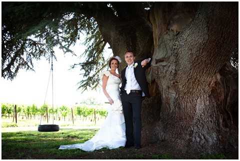 A couple poses together for a portrait beside the thick trunk of a large, ancient tree in an outdoor vineyard setting. The bride wears a white strapless mermaid-style gown with a ruffled bodice and a long train, while the groom is dressed in a dark suit with a white dress shirt, dark tie, and a white buttonhole flower. A vintage tire swing hangs from one of the tree's branches to the left of the couple. Rows of grapevines are visible in the background, indicating a vineyard location. The image is a medium-wide portrait shot taken in natural daylight.