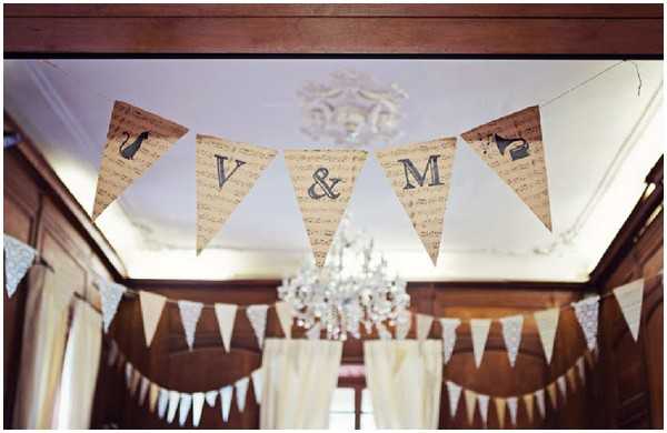 A close-up detail shot of handmade wedding bunting displayed indoors, likely in a reception room with dark wood paneling and a white ceiling with ornate plasterwork. The foreground bunting features triangular pennants made from vintage sheet music paper, spelling out 'V & M' with small bird silhouette motifs, while a second row of plain cream/white fabric bunting hangs below. A crystal chandelier is partially visible in the background. The styling is vintage and rustic, with the sheet music pennants serving as a personalized decorative element. Potential venue feature image.