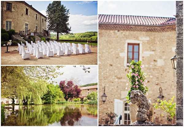 A three-image collage showcasing the grounds of a French country estate venue. The top-left image shows an outdoor ceremony setup in front of a honey-colored stone manor house, with rows of white chair-covered seats arranged on a gravel courtyard and a small decorated altar at the front. The bottom-left image shows a large ornamental pond reflecting the surrounding trees and outbuildings of the estate. The right image is a close-up detail of a stone sculptural pedestal decorated with trailing pink and green floral arrangements, with the estate's stone facade and a wall-mounted lantern visible in the background. Potential venue feature image.