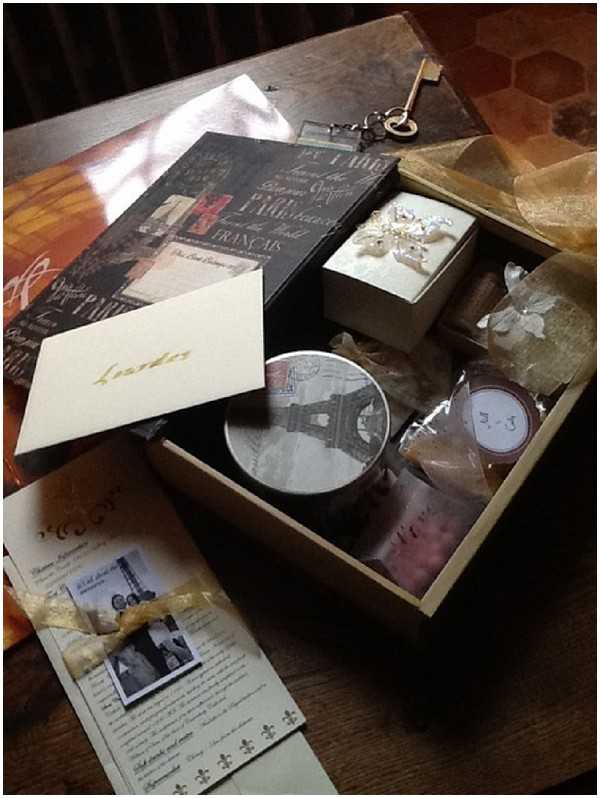 Close-up detail shot of an open wooden gift box containing a Paris-themed wedding welcome package or guest gift set, placed on a dark wooden table. The box includes a Paris-motif journal or notebook with Eiffel Tower and French typography graphics, a round tin decorated with an Eiffel Tower image, a small wrapped package tied with brown ribbon, a small white box with a decorative charm or accessory, and gold tissue paper padding. A cream envelope with gold script handwriting reading 'Lourdes' rests against the box, along with a printed information card or program decorated with fleur-de-lis motifs and a small black-and-white photo. A decorative vintage-style key sits at the top of the box. The overall styling suggests a French-themed wedding with a Parisian aesthetic, using a warm gold, cream, and dark brown color palette.