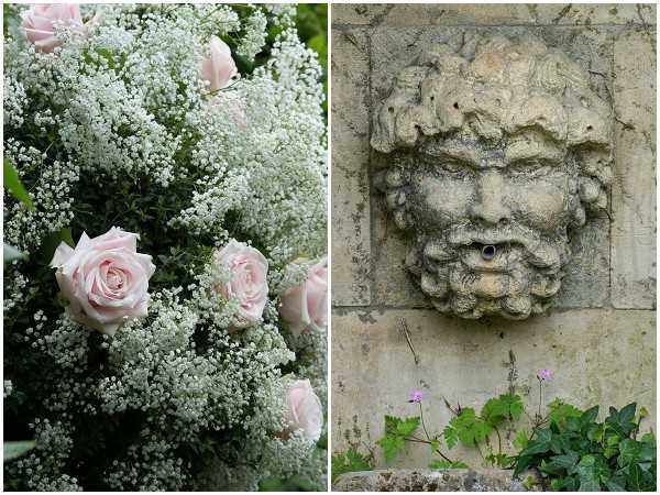 A split composition showing two detail shots of a wedding venue and its florals. On the left, a close-up of a bridal bouquet or floral arrangement featuring soft blush pink roses and abundant white gypsophila (baby's breath). On the right, a weathered stone decorative mask or face carved in relief, mounted on an aged stone wall with small wildflowers growing at its base — a classic architectural ornamental feature typical of French chateau or manor house gardens. The pairing highlights the floral styling alongside the historic character of the venue. Potential venue feature image.