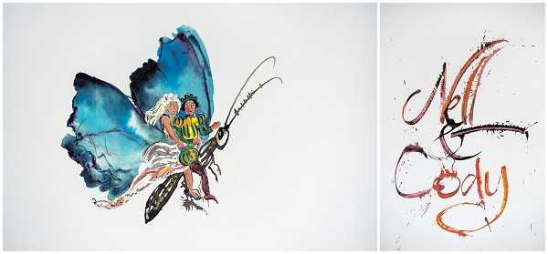 This image does not appear to be a wedding photograph. It shows two illustrated artworks side by side: on the left, a watercolor-style illustration of two figures riding a large insect with blue butterfly wings, and on the right, loose calligraphic script in reddish-brown and dark tones that appears to read 'Nell' and 'Cody' — likely a couple's names rendered as wedding stationery or custom artwork. The overall composition is a flat lay or scan of illustrated wedding paper goods against a white background.