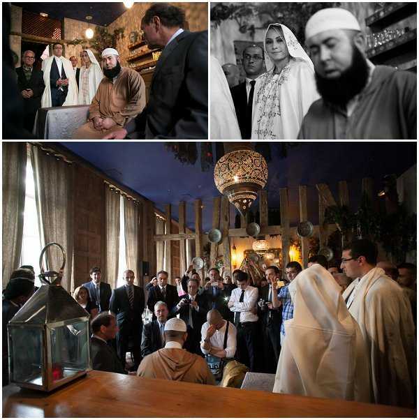 A collage of three images documenting an Islamic wedding ceremony (nikah) taking place in an indoor venue decorated in a Moroccan or North African style, featuring ornate hanging lanterns, warm ambient lighting, draped curtains, and decorative wall plates. The groom wears a traditional light brown djellaba and white kufi cap, while the bride is dressed in a white embroidered kaftan with a white head covering. The top-left image shows the imam officiating the ceremony with the couple and several guests in formal attire looking on; the top-right image is a black-and-white close-up portrait of the bride and groom during the ceremony, showing strong contrast between their white garments and the darker background. The bottom wide shot captures approximately 25-30 guests gathered around the couple and imam for the ceremony, with a large ornate gold Moroccan pendant lantern hanging prominently overhead and a metal lantern visible in the foreground on a wooden surface.