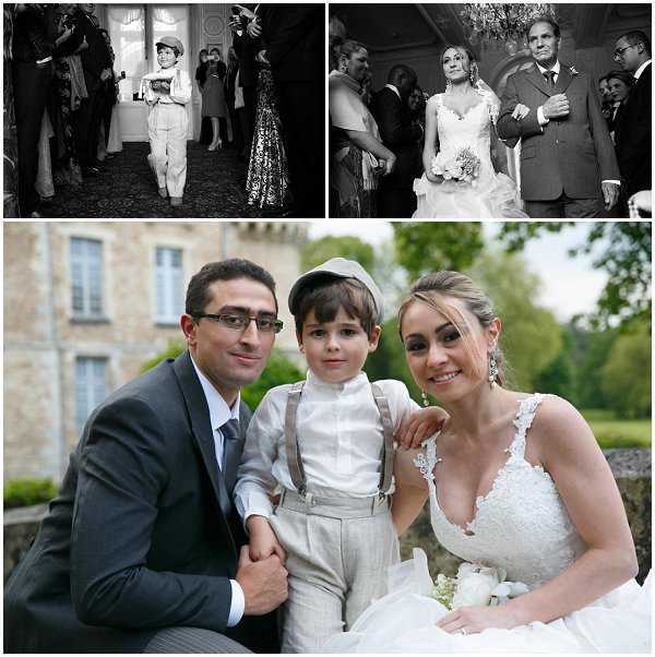 A composite of three wedding images. Top left (black and white): A young boy in a white suit and cap walks down an aisle lined with guests during a ceremony processional, carrying what appears to be a small item. Top right (black and white): The bride in a lace V-neck gown with a full skirt is escorted down the aisle by an older gentleman, likely her father, with several guests visible in the background under a chandelier in an indoor ceremony space. Bottom: A color portrait of the bride and groom seated outdoors with the same young boy between them; the groom wears a charcoal grey suit with a grey tie, the boy wears a light grey outfit with suspenders and a kippah, and the bride wears a lace sleeveless wedding gown with a plunging neckline. The background shows the stone facade of a chateau with greenery. Portrait composition.