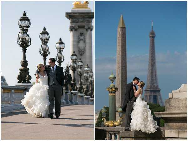 A composite of two outdoor couple portrait shots taken at iconic Paris locations. In the left image, the bride and groom walk together on the Pont Alexandre III bridge, surrounded by its ornate cast-iron lampposts with gold detailing; the bride wears a strapless ruffled white ballgown with a voluminous layered skirt, and the groom wears a charcoal grey suit. In the right image, the couple shares a kiss at Place de la Concorde, with the Luxor Obelisk and the Eiffel Tower both visible in the background; the bride's ruffled white gown is shown in full, and the couple is positioned on an ornate stone balustrade with gilded decorative elements. Both shots are wide couple portraits taken in natural daylight with a classic, formal styling approach.