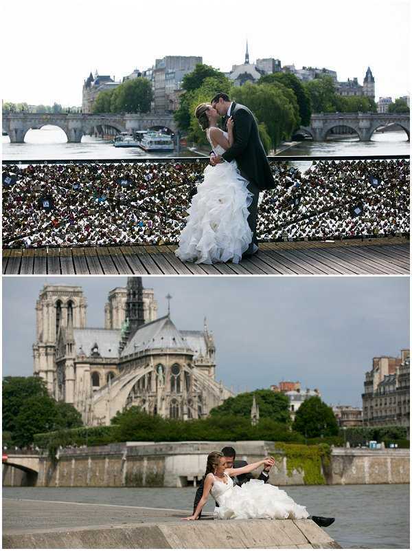 A composite of two outdoor couple portrait shots taken at iconic Paris locations along the Seine river. In the top image, the bride and groom share a kiss on the Pont des Arts bridge, with its railing densely covered in padlocks, and the Parisian cityscape and river visible behind them. The bride wears a white ruffled ballgown with layered organza skirt, and the groom wears a dark suit. In the bottom image, the couple sits casually on a stone quay along the Seine with Notre-Dame Cathedral prominently visible in the background; the bride's full white gown fans out around her as the groom holds her hand. Both shots are wide-angle portraits capturing the couple in full, with the Paris landmarks serving as deliberate backdrops.