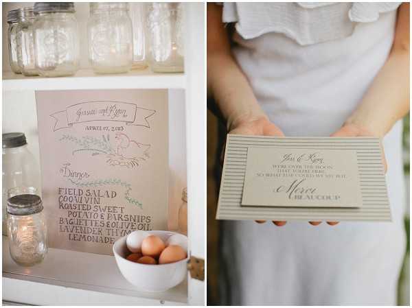 A detail flat-lay diptych showing wedding stationery and decor. On the left, a hand-lettered kraft paper dinner menu for 'Jessica and Ryan, April 27, 2013' listing items including field salad, coq au vin, roasted sweet potato and parsnips, baguettes and olive oil, and lavender thyme lemonade, illustrated with a small bird and botanical drawings; the menu is propped on a white shelf alongside mason jars used as glassware and a small white bowl filled with brown eggs, with a lit votive candle nearby. On the right, a woman in a light grey ruffled top holds a sage green and cream striped thank-you card reading 'Jess & Ryan, Merci Beaucoup' in script lettering. The overall stationery palette is kraft, sage green, and cream with a rustic, hand-crafted styling theme.
