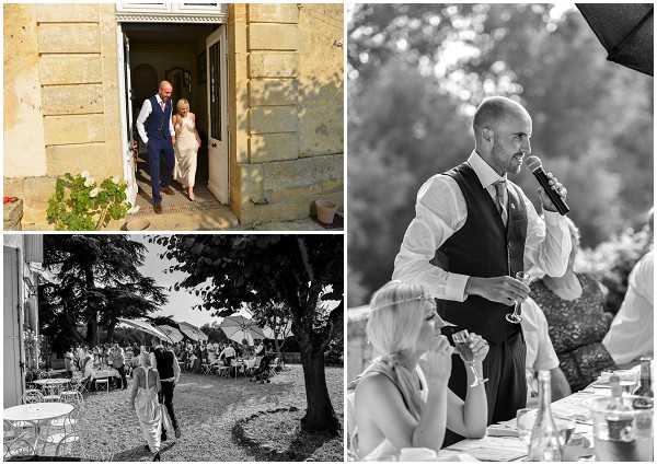 A collage of three wedding images from what appears to be a French chateau venue. Top left (color): a couple exits through a stone chateau doorway, the bride wearing a champagne-toned midi dress and the groom in a navy suit with a burgundy tie, shot as a mid-range portrait. Bottom left (black and white): a wide outdoor reception scene showing guests mingling among trees, with round tables set under large parasols on a gravel courtyard, capturing an overview of the cocktail hour or outdoor dining area. Right (black and white): a bald man in a white shirt and dark waistcoat delivers a speech into a microphone while holding a champagne flute, with seated guests visible in the foreground at a table with bottles and glassware; high contrast tones with bright highlights. The overall styling suggests a classic, relaxed outdoor summer reception at a stone chateau property.