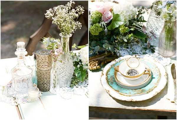 Close-up detail shots of a vintage-style outdoor wedding tablescape presented as a side-by-side diptych. The left image shows a white lace doily runner on a light-painted table, styled with an ornate gold filigree vessel, a crystal glass decanter, a cut-crystal bud vase, and small bottles holding baby's breath and greenery. The right image shows a place setting featuring a mint green and gold-rimmed charger plate layered with a white and gold scalloped dinner plate and a matching mint and gold teacup and saucer, accompanied by a gold-handled knife; a lush centerpiece of blush pink roses, white hydrangeas, viburnum, and eucalyptus is visible in the background. The overall styling theme is vintage romantic with a mint, gold, white, and blush color palette, incorporating mismatched antique china, lace, and crystal elements. Both are close-up detail shots.