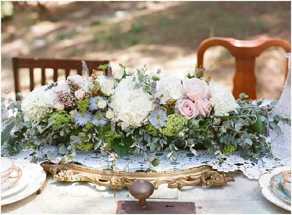 Close-up detail shot of an outdoor wedding reception table centerpiece arranged on an ornate gold baroque-style tray. The floral arrangement features ivory hydrangeas, blush pink roses, blue nigella, green viburnum, and trailing eucalyptus in a lush, garden-style composition. The table is dressed with a white lace doily runner, and mismatched vintage china place settings with floral detailing are visible at the edges of the frame. Wooden vintage chairs are visible in the soft-focus background, and the overall styling is romantic vintage with a soft blush, ivory, and sage green palette.