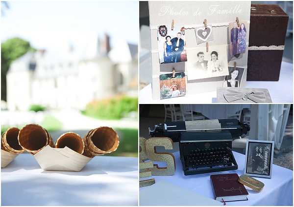 A collage of three detail shots from a wedding reception, likely held at a French chateau visible in the background of the left panel. The left image shows waffle ice cream cones and small white paper boat decorations arranged on a white-clothed table outdoors, with a blurred chateau building visible behind. The top-right image shows a family photo display station labeled 'Photos de Famille,' with printed photographs clipped to a string with wooden pegs, alongside a dark brown wooden box, as part of a sentimental guest display. The bottom-right image features a vintage black typewriter used as a decorative prop on a white-clothed table, accompanied by gold glitter letter decorations, a burgundy guest book, a small framed black-and-white photograph, and gold accents, suggesting a vintage or retro styling theme throughout the reception decor.