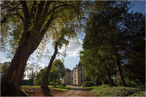 Wide-angle exterior shot of a French chateau visible in the mid-distance, framed by large mature trees in the foreground. The classical stone building features mansard-style roofing and symmetrical facade typical of French country architecture, approached by a gravel driveway. No people or wedding-specific decor are visible in the frame. Potential venue feature image.
