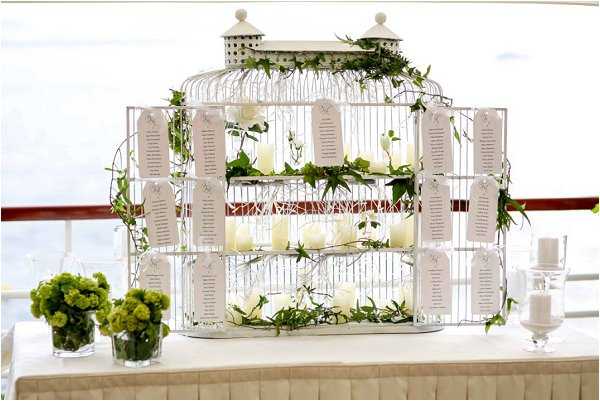 Close-up detail shot of a wedding seating chart display using a large white decorative birdcage as the centerpiece, placed on a white linen-covered table. The birdcage features three tiers holding white pillar candles, cream garden roses, trailing green ivy, and individual white escort cards or table assignment cards hung throughout. To the left of the birdcage sit two small glass vases with compact green button chrysanthemum arrangements, and to the right are two white pillar candles in glass holders. The overall decor palette is white and green with a classic, clean aesthetic, and the setting appears to be an indoor venue with water visible through a window or railing in the background.