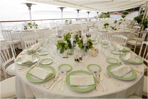 A wide shot of a wedding reception setup on a covered outdoor terrace overlooking the sea, with multiple round tables dressed in white floor-length linens. The foreground table is fully set with pale green-rimmed charger plates, white folded napkins, gold flatware, and multiple crystal wine glasses per place setting. Centerpieces consist of tall glass cylinder candle holders with white pillar candles alongside low arrangements of green viburnum (snowball) flowers and greenery in clear glass vases. White Napoleon-style chairs surround each table. Overhead patio heaters are visible, and the venue appears to be a seaside restaurant or hotel terrace. The overall decor palette is white and sage green with gold accents, giving a classic, polished look. Potential venue feature image.
