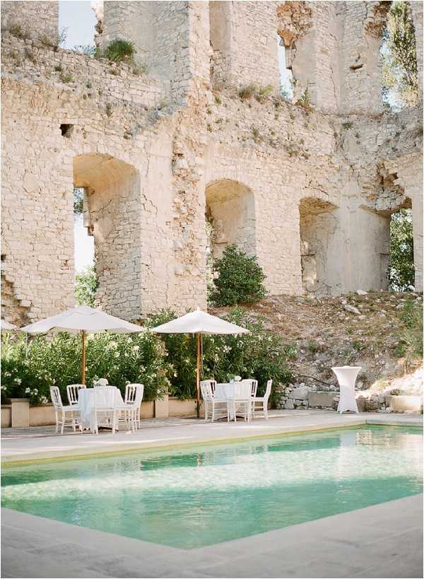 A cocktail hour or reception setup photographed in a wide shot beside a rectangular pool at what appears to be a historic stone ruin venue in the south of France. Several round tables with white linens are arranged poolside, surrounded by white bistro-style chairs and shaded by large ivory market umbrellas on wooden poles. A single tall cocktail table with a white linen cover stands to the right. The backdrop is a multi-story crumbling limestone ruin with open arched window bays and no roof, with green shrubs growing within the structure. The overall decor palette is white and ivory against the warm sand-toned stone. Potential venue feature image.