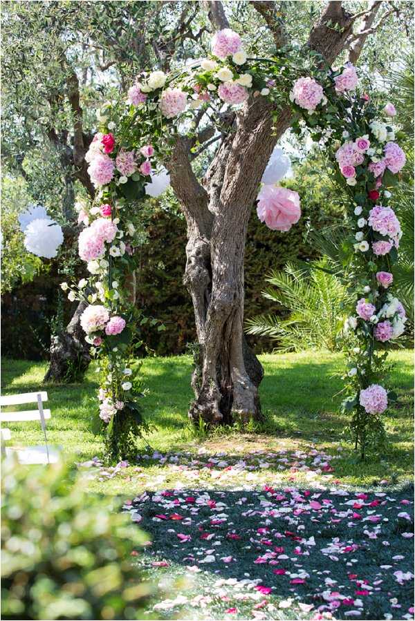 An outdoor ceremony arch decorated with pink hydrangeas, white and cream roses, hot pink roses, and trailing greenery, positioned in a garden setting among mature olive trees. The arch is further accented with large white and pink tissue paper pom-poms. Pink and fuchsia rose petals are scattered across the ground leading up to the arch, forming a petal-lined aisle. A white folding chair is partially visible on the left side, suggesting a ceremony setup. The overall decor palette is pink, white, and green with a romantic garden-party style. Wide shot, no people visible.