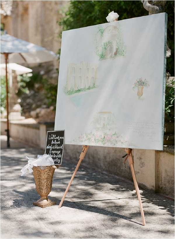 A wedding guest book alternative is displayed outdoors at what appears to be a French stone venue courtyard. A large canvas painting on a natural wood easel features a watercolor-style illustration of the wedding venue, including architectural arches, a wedding cake with blush pink floral accents, and a floral urn, all rendered in soft pale greens, whites, and blush tones. A small chalkboard sign beside the easel invites guests to write messages directly onto the painting, and a gold ornate urn holding white tissue or fabric is placed next to it. The setup reflects a classic, personalized decor touch, and the image is a medium-distance detail shot.