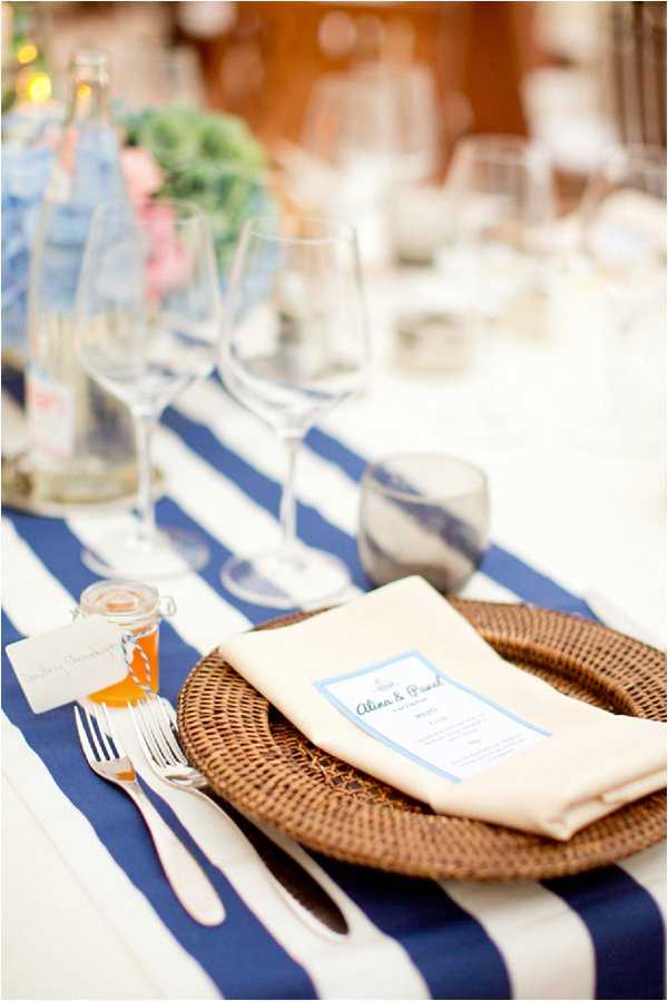Close-up detail shot of a wedding reception place setting styled with a nautical theme. The table is dressed with a navy blue and white wide-stripe runner over a white tablecloth, and each place setting features a woven rattan charger plate topped with a cream linen napkin and a printed menu card with a blue border, personalized with the couple's names. Silver cutlery and clear wine glasses are arranged around the charger, and a small glass jar favor with an orange-yellow contents and a tag is placed to the left. In the background, blurred floral centerpieces with pink blooms and greenery, along with glass water bottles, are visible along the length of the table.