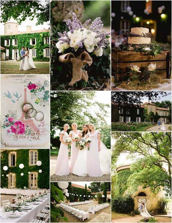 A nine-image collage showcasing a French château wedding with a rustic-romantic aesthetic. Top left: a wide portrait of the bride in a white gown and groom in a light grey suit posing in front of an ivy-covered château facade. Top center: a close-up detail of a bouquet featuring white roses and lavender sprigs tied with a burlap ribbon wrap. Top right: a detail shot of a two-tier white wedding cake displayed on a rustic wooden crate with straw, white roses, and greenery accents, photographed under warm string lights at dusk. Middle left: a flat lay detail of wedding bands resting on a vintage-style 'Une Fleur de Paris' Eiffel Tower postcard with illustrated pink florals and blue birds. Middle center: a portrait of the bride in a white gown alongside two bridesmaids in blush pink floor-length dresses, all holding white and blush bouquets, photographed outdoors on the grounds. Middle right: a wide exterior shot of a stone manor house surrounded by manicured grounds with a couple visible in the distance. Bottom left: an outdoor reception table set with white linens, glassware, and greenery centerpieces against an ivy-covered stone building, with white paper globe lanterns and string lights overhead. Bottom center: a wide aerial-angle shot of a long outdoor reception table with white linens and paper lantern decorations on the château grounds. Bottom right: a portrait of the bride and groom embracing beneath a stone archway draped in lush green foliage. Potential venue feature image.