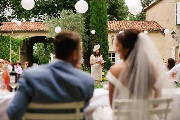 An outdoor wedding ceremony taking place in the courtyard of a French stone property, likely a chateau or mas, with ivy-covered walls, terracotta roof tiles, and cypress trees visible in the background. A woman in a champagne-colored knee-length dress and a decorative fascinator hat stands at the front reading from papers, appearing to deliver a reading or officiate. The groom, seen from behind in a light blue suit, and the bride, also seen from behind wearing a white gown and cathedral-length veil, are seated in white chairs facing her, with rows of guests visible on either side. Large white paper lantern ball decorations are strung overhead, and the overall styling is classic and relaxed, set against the warm tones of the French countryside architecture. Wide shot taken from behind the couple.