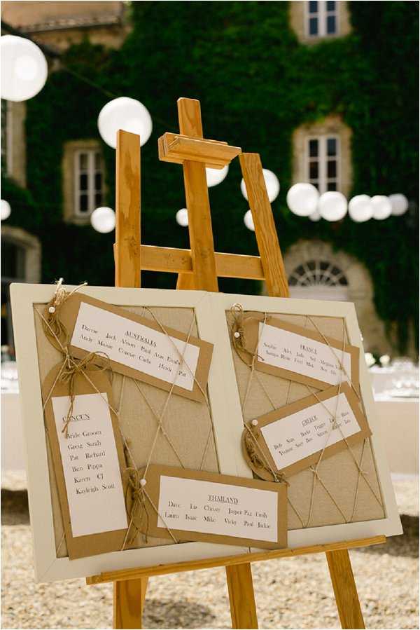 A close-up detail shot of a wedding seating chart display positioned on a wooden easel in an outdoor courtyard setting. The seating chart consists of a cream-painted frame with kraft paper backing, cross-hatched twine detailing, and individual white card labels tied with twine bows, each listing guest names grouped by table — tables are named after destinations including Cancun, Australis, France, Greece, and Thailand. In the background, large round white globe lanterns are strung overhead, and a stone building covered in ivy is visible, along with a set reception table. The overall decor style is rustic with natural materials including kraft paper, twine, and raw wood.