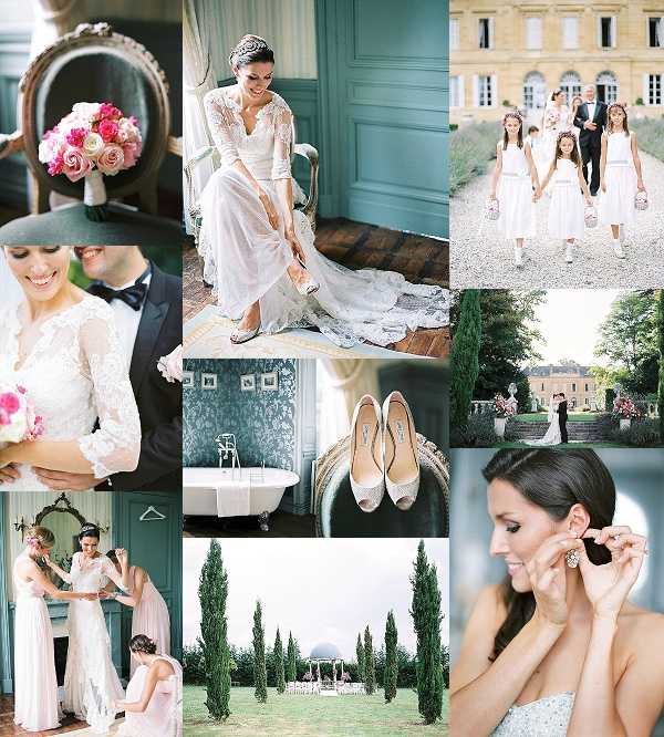 A collage of nine wedding photographs from what appears to be a French chateau wedding. Top row: a close-up detail shot of a bridal bouquet with hot pink and blush roses; a getting-ready portrait of the bride in a long-sleeved lace and chiffon white gown with a crystal tiara, seated in a chair adjusting her shoes in a teal-paneled room; and an outdoor wide shot of two flower girls in white midi dresses with floral crowns walking on a gravel path in front of a classic French chateau facade. Middle row: a portrait of the bride and groom together, she in lace long-sleeved white gown and he in a black tuxedo with bow tie, with a blush bouquet visible; a close-up detail shot of nude/champagne pointed-toe heels placed on a surface in front of a dark teal patterned wallpapered room with a freestanding clawfoot bathtub; and a wide outdoor portrait of the couple standing in the chateau grounds surrounded by greenery. Bottom row: a getting-ready shot of the bride being assisted by a bridesmaid in a blush pink dress, reflected in an ornate mirror in a teal-painted room; a wide outdoor shot of a ceremony setup with tall cypress trees framing a white gazebo altar on a lawn; and a close-up portrait of the bride adjusting a crystal drop earring, her dark hair in a low updo.