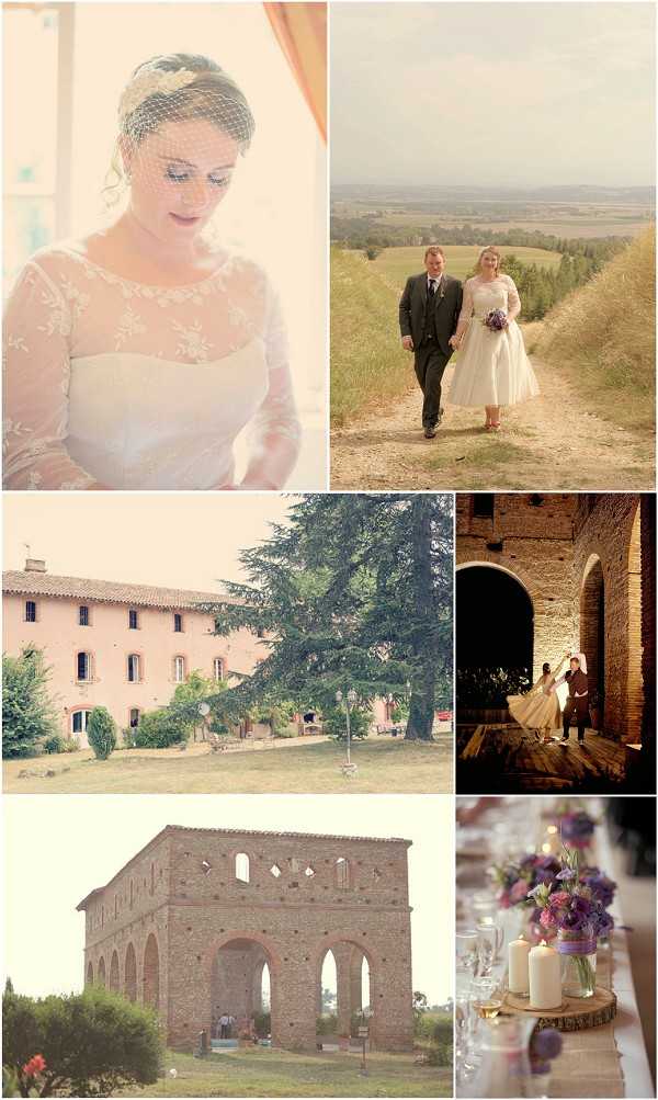 A collage of six wedding images from what appears to be a French countryside estate. Top left: a close-up portrait of the bride wearing a long-sleeve lace dress with floral embroidery and a birdcage veil with a decorative clip, shot with a soft, warm-toned exposure. Top right: a wide shot of the couple walking along a rural dirt path surrounded by open fields; the bride wears a tea-length ivory dress with three-quarter lace sleeves and holds a purple and lavender bouquet, while the groom wears a dark charcoal suit. Middle left: a wide exterior shot of a large pink-rendered farmhouse or mas with mature trees on the grounds. Middle right: a dramatic low-light portrait of the couple on a wooden dance floor beneath a large stone archway, backlit with warm golden light. Bottom left: a wide shot of a ruined brick structure with arched openings, likely a historic folly or chapel ruin on the property grounds. Bottom right: a close-up detail of a long reception table set with white pillar candles on a wood slice, mason jar vases holding purple, magenta, and violet florals, and glassware, with a rustic-vintage styling palette. Potential venue feature image.