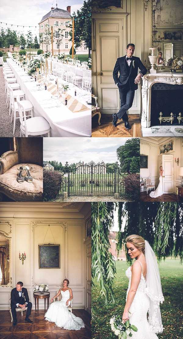 A six-image collage from a French chateau wedding featuring a classic, formal style with a white and gold palette. Top left: an outdoor reception setup showing a long banquet table with a white linen runner, tall gold candelabras with greenery arrangements, white Chiavari chairs, and string lights, set against the chateau facade in the background — wide shot. Top right: the groom in a dark navy suit with a floral boutonniere leaning casually against an ornate white marble fireplace inside a gilded chateau interior — portrait shot. Middle left: a detail close-up of gold strappy bridal heels resting on a cream velvet cushion. Middle center: an exterior wide shot of wrought-iron estate gates with manicured grounds and the chateau visible in the distance. Middle right: the bride in a fitted white lace gown with a cathedral-length veil standing in a doorway of the chateau's ornate interior — full-length portrait. Bottom left: the couple seated together in the chateau's paneled salon with cream boiserie walls and parquet floors, the bride holding an ivory and greenery bouquet, both in a candid resting pose — wide portrait. Bottom right: a close-up portrait of the bride outdoors beneath a weeping willow, wearing a spaghetti-strap lace gown and veil, holding a small bouquet of white flowers and eucalyptus. Potential venue feature image.