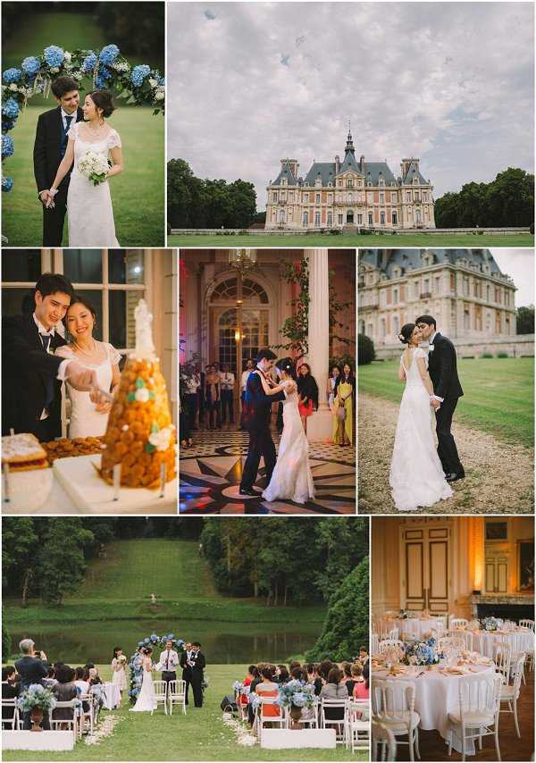 A seven-image collage of a wedding held at a grand French chateau. The top-left portrait shows the couple standing in front of a floral arch decorated with blue hydrangeas and white flowers, the bride wearing a lace cap-sleeve white gown and holding a white bouquet, the groom in a black tuxedo. The top-center wide shot shows the full facade of a large French classical chateau with mansard roofs set against an expansive lawn. The middle-left close-up shows the couple cutting a croquembouche wedding cake with a tiered white cake also visible. The middle-center image captures the first dance on a black-and-white geometric marble floor inside a ornate gilded ballroom, with guests watching in the background under warm pink and amber lighting. The middle-right portrait shows the couple embracing in front of the chateau's stone exterior, the bride's gown featuring an open back. The bottom-left wide shot shows the outdoor ceremony on the chateau lawn beside a reflective pond, with white folding chairs arranged in rows, a blue hydrangea and white floral arch framing the officiant and couple, and approximately 60-80 guests seated. The bottom-right image shows the reception room with round tables dressed in white linens, white Napoleon chairs, and centerpieces of blue hydrangeas and blush flowers, lit with warm golden light. Potential venue feature image.