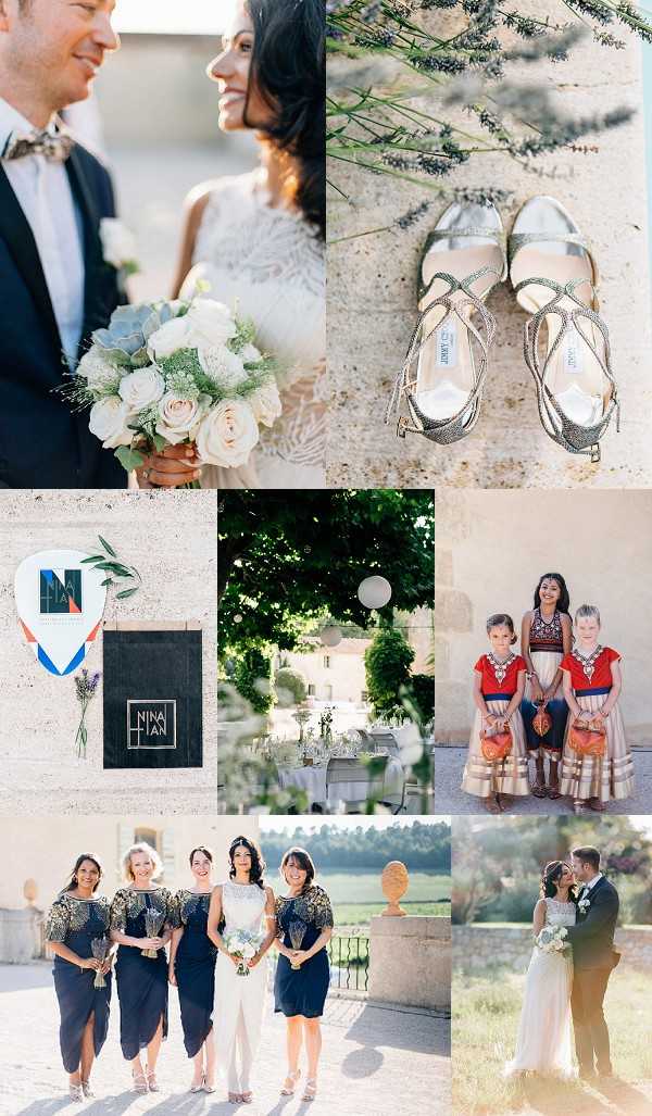 A collage of six wedding photographs from what appears to be a French chateau wedding with a classic, modern aesthetic. Top left: a close-up portrait of the bride and groom gazing at each other; the bride holds a bouquet of ivory roses, dusty blue-green succulents, white scabiosa, and eucalyptus, and wears a lace sleeveless gown, while the groom wears a navy suit with a patterned bow tie. Top right: a flat-lay detail shot of silver strappy Jimmy Choo heeled sandals placed on a stone surface beside lavender sprigs. Middle left: a detail shot of a custom wedding sign on a stone wall reading 'NINA & TIAN' on a dark chalkboard panel, with a decorative crest and small lavender sprig. Middle center: a wide outdoor reception shot showing long tables set with white linens and tall floral centerpieces in a shaded courtyard of a stone chateau, with a large white balloon visible. Middle right: a portrait of three children — two boys and a girl — dressed in matching red, navy, and ivory traditional folk-style outfits, holding orange handbags. Bottom left: a wide portrait of the bride walking with four bridesmaids, all wearing navy midi skirts with navy and gold sequined tops, carrying small bouquets of white and blue flowers, set on a terrace with open landscape behind. Bottom right: a portrait of the couple sharing a close moment outdoors, with the bride in her lace gown holding her bouquet and the groom in his navy suit.
