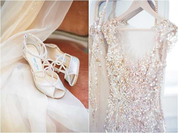 A two-panel detail flat lay composition showing bridal accessories during the getting-ready phase. The left panel features a pair of Jimmy Choo strappy heeled sandals in silver and ivory crystal embellishment, resting against soft ivory tulle fabric. The right panel shows a heavily beaded and sequined wedding dress hanging on a wooden hanger, featuring gold, silver, and champagne-toned embellishments densely covering the bodice and skirt with a sheer overlay, suggesting a glamorous, ornate style. Both images are shot in soft natural light with a warm, airy tone.