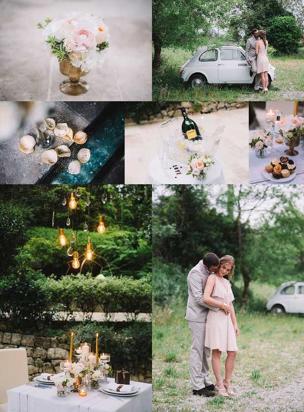 A styled wedding shoot collage featuring six images with a cohesive blush, ivory, and gold palette set outdoors in a garden or countryside setting. Top left is a close-up detail shot of a small blush ranunculus and ivory floral arrangement in a gold compote vase. Top right shows a couple — the woman in a short blush dress and the man in a light grey suit — embracing beside a vintage pale blue Fiat 500 car in a leafy outdoor setting. Middle left is a close-up detail shot of scattered seashells and crystal or glass objects on a dark reflective surface. Middle center shows a chilled bottle of Moët & Chandon champagne in an ice bucket on a small white table with blush florals and a 'love' sign. Middle right is a detail shot of a dessert table with chocolate-topped cupcakes, candles, and blush floral arrangements in gold vessels. Bottom left shows an outdoor tablescape at dusk with a white linen table set with white plates, gold taper candles, small white florals, and hanging Edison bulb and crystal chandelier lighting above. Bottom right is a portrait of the same couple embracing in a garden with the vintage Fiat 500 visible in the background, shot in soft natural light.