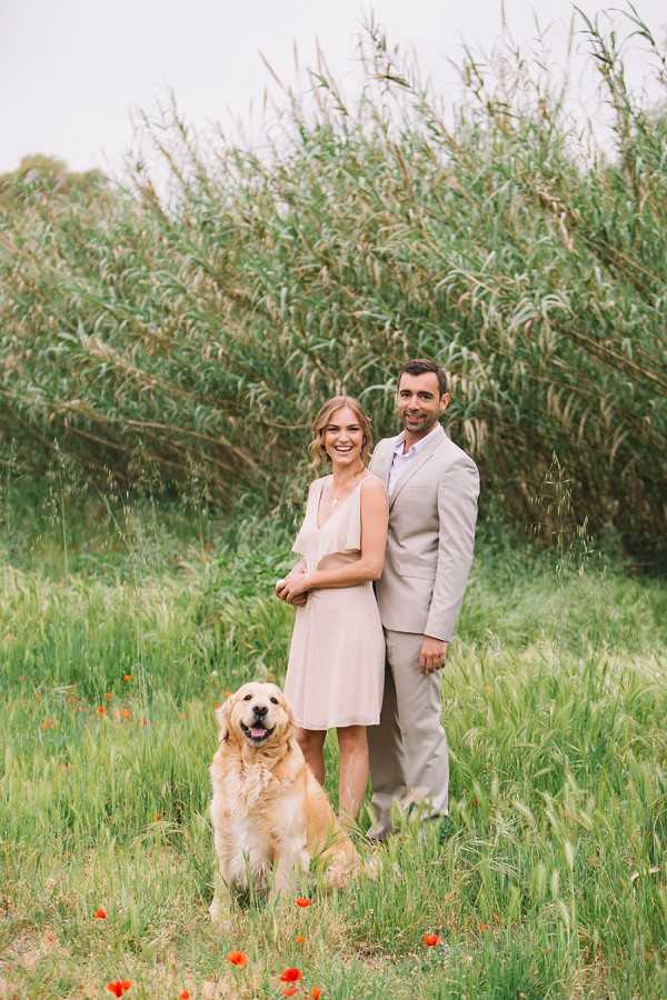 A couple poses together outdoors in a full-length portrait shot, standing in a meadow with their golden retriever seated in front of them. The woman wears a sleeveless blush/cream knee-length dress and the man wears a light tan suit with a light blue shirt and no tie. The couple is smiling and embracing, with scattered red poppy flowers visible at ground level in the foreground. The setting is a natural outdoor location with tall reeds and green vegetation in the background.