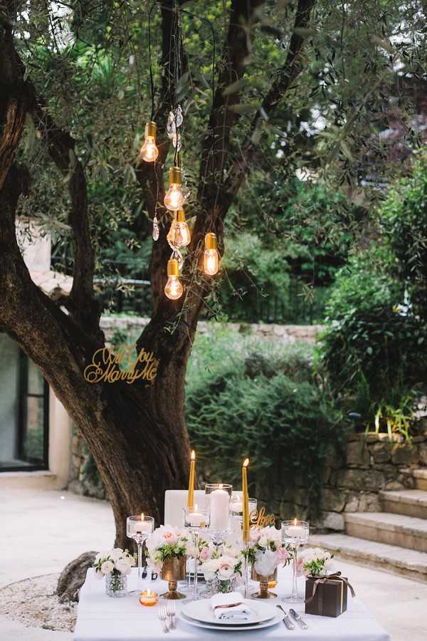 An outdoor intimate table setup positioned beneath a large olive tree in a garden courtyard, styled as a romantic proposal or sweetheart table setting. The white linen-covered table is decorated with low arrangements of blush pink and ivory flowers including what appear to be ranunculus and roses, gold candlestick holders with tall gold taper candles, pillar candles on glass and brass risers, amber tealight holders, and a small dark gift box with ribbon. A gold script 'Will You Marry Me' sign and a gold 'Love' sign are visible among the table decor. Hanging from the tree branches above are a cluster of vintage-style exposed Edison bulbs with brass fittings, providing warm amber lighting. The overall palette is white, blush pink, and gold with a modern romantic styling. Wide shot taken from slightly above table level with the garden terrace and stone steps visible in the background.