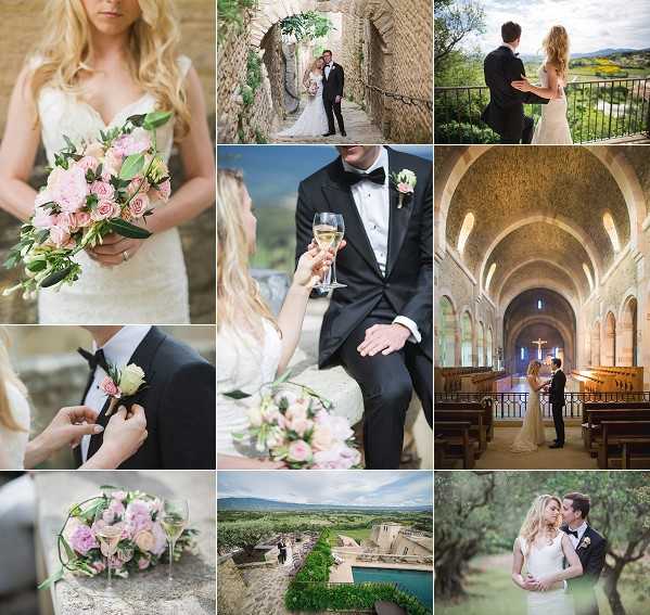 A nine-image collage from a French wedding featuring a consistent couple throughout. The bride wears a fitted ivory lace gown and carries a bouquet of blush pink roses, pale pink peonies, and eucalyptus greenery. The groom is dressed in a black tuxedo with a bow tie and a pink rose boutonniere. Images include: a close-up portrait of the bride holding her bouquet; the couple posing in a narrow stone archway corridor; the couple from behind on a terrace overlooking a green valley with a black iron railing; a detail shot of the boutonniere being pinned; a close-up of the couple toasting with white wine glasses alongside the bridal bouquet; the interior of a Romanesque stone chapel with barrel-vaulted arches and wooden pews where the couple stands at the altar; a flat lay of blush and light pink florals resting in a champagne coupe glass; an aerial shot showing a stone property with a rectangular turquoise pool surrounded by landscaped gardens and countryside; and a romantic portrait of the couple embracing outdoors among olive trees. The overall styling is classic and refined, with a blush and ivory color palette. Potential venue feature image.