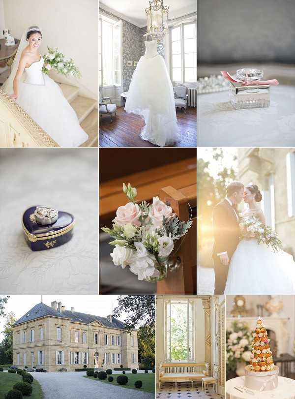 A nine-image collage from a French château wedding with a classic, formal aesthetic. Top row: the bride in a strapless white ball gown with a tiara and long veil holds a lush green foliage bouquet while seated on an ornate staircase; a white strapless ball gown hangs near tall windows in a room with patterned wallpaper and a gold chandelier; a close-up detail shot of a diamond ring and what appears to be a pink-accented silver ring box on a reflective surface. Middle row: a close-up of a navy blue heart-shaped Limoges-style ring box with gold detailing holding wedding bands; a close-up of a small bouquet of blush pink roses and white lisianthus resting on a wooden church pew; a portrait of the couple sharing a kiss bathed in warm backlight inside an ornate interior, the bride in her white ball gown and the groom in a dark suit. Bottom row: an exterior wide shot of a French classical stone château with symmetrical windows, manicured topiary, and a gravel forecourt — Potential venue feature image.; an interior shot of a cream and gold paneled room with tall French doors and a gilded bench; a close-up of a croquembouche tower decorated with blush pink and white floral accents on a reception table.