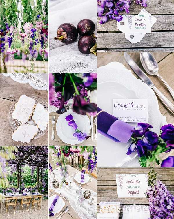 A styled wedding flat-lay collage featuring nine detail shots arranged in a grid, showcasing a purple and white wedding theme. Visible elements include hanging wisteria and cascading purple and pink florals, deep purple mangosteen fruits on white lace fabric, iced sugar cookies with wedding motifs, close-up shots of deep purple and violet anemones and lavender blooms, a place setting with a white plate, silver cutlery, a purple linen napkin tied with a lavender sprig, and a 'C'est La Vie Weddings' business card. Additional details include a personalised wedding tag reading 'Thom en Karolien' on a weathered wood surface, a wooden sign reading 'And so the adventure begins,' and a wide shot of an outdoor reception table set under a pergola draped with wisteria, with wooden chairs and a lace table runner. The overall decor palette is deep purple, violet, lavender, and white with rustic styling elements including weathered wood surfaces and lace accents.