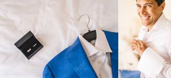 A two-panel getting-ready detail shot featuring the groom's preparations. The left panel shows a flat lay of a cobalt blue suit jacket on a small hanger laid over white fabric, alongside a small black open box containing what appears to be a wedding band or cufflinks. The right panel is a close-up portrait of the groom, a dark-haired man smiling broadly while fastening his white dress shirt cuff, dressed in a white shirt against a softly lit indoor background. The overall styling suggests a modern, color-forward look with the bold cobalt blue jacket as a key intentional choice.
