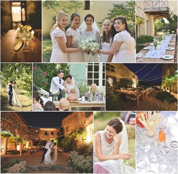 A collage of nine images from a French château wedding with a rustic, romantic style throughout. Top row: a warm-toned detail shot of a small glass bud vase with white flowers on a wooden surface; a group portrait of a bride in a lace cap-sleeve gown with a cathedral veil holding a white hydrangea and greenery bouquet, flanked by three bridesmaids in ivory lace cap-sleeve dresses; and an outdoor long reception table set with white linens, glassware, and low white floral centerpieces in a château courtyard archway. Middle row: a wide outdoor portrait of the couple in dappled shade, bride in a flowing gown; a candid shot of guests gathered around a table during what appears to be a cake or food cutting moment outdoors near a teal-painted door; and an evening exterior shot of a courtyard reception area with string lights draped overhead, long wooden tables, and warm ambient lighting. Bottom row: a nighttime first dance in a warmly lit château courtyard decorated with fairy lights and hydrangea borders, the couple embracing; a portrait of the seated bride in her lace gown and veil, smiling downward; and a flat-lay detail of glass mason jar drinks, paper straws, and small bottles on a white tablecloth. The overall palette is ivory, white, and warm amber with a rustic French château setting.